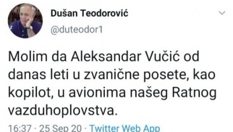 СРАМНА ОБЈАВА НА ТВИТЕРУ: Академик Теодоровић пожелео смрт Вучићу и увредио мртве пилоте (ФОТО)