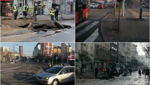 HAOS U CENTRU BEOGRADA POSLE PUCANJA VODOVODNE CEVI: Otvorila se rupa kod Beograđanke, propao autobus 31 -  gužva ogromna (FOTO/VIDEO)