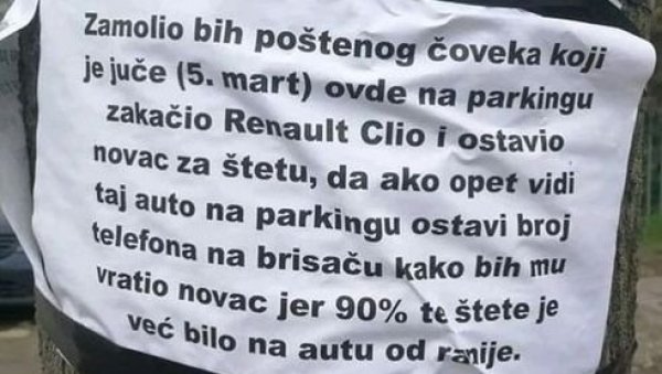 И ОВО ЈЕ СРБИЈА! Порука на дрвету усијала мреже:  Ударио је ауто на паркингу, а оно што се десило након тога је потпуно невероватно (ФОТО)