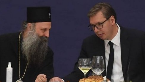 VUČIĆ I PATRIJARH NA RUČKU: Razgovor u Predsedništvu o situaciji na KiM i srpskim svetinjama (FOTO)