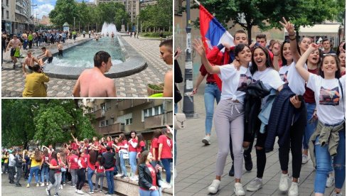 MATURANTI ŠIROM SRBIJE SLAVE KRAJ SREDNJOŠKOLSKOG OBRAZOVANJA: Tradicionalno kupanje u fontani u Beogradu, trubači u Požarevcu (FOTO)