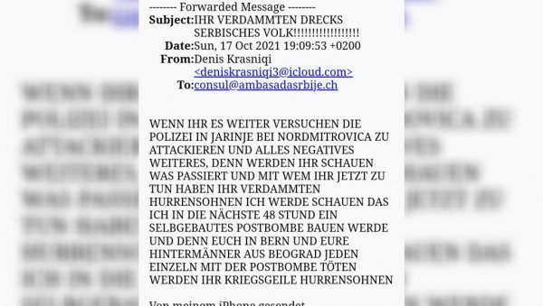 ПРОКЛЕТА ЂУБРАД СРПСКИ НАРОД: Погледајте шта пише у језивом мејлу који је Албанац послао амбасади Србије у Берну