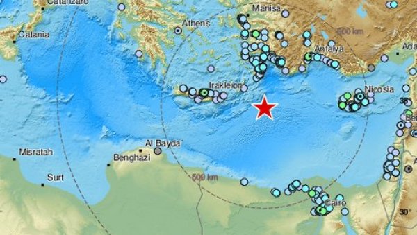 ЗЕМЉОТРЕС ПОГОДИО ИСТОЧНИ МЕДИТЕРАН: Епицентар на дубини од 60 километара