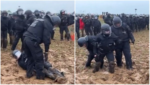 УРНЕБЕСНИ СНИМАК СА ПРОТЕСТА У НЕМАЧКОЈ: Полицајци се заглавили у блату, били на корак од спаса када је прилетео монах (ВИДЕО)