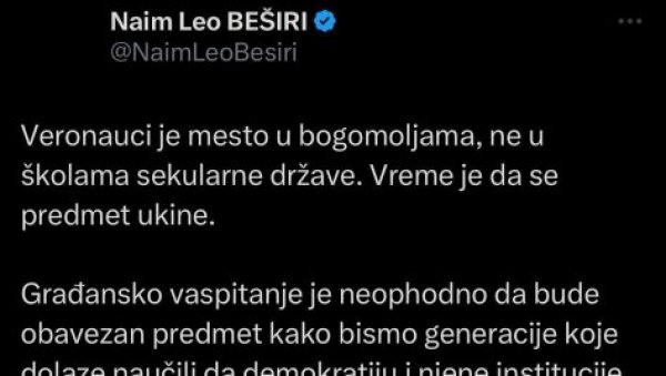 ТРАЖИ УКИДАЊЕ ВЕРОНАУКЕ У ШКОЛАМА: Синхронизован напад на СПЦ и патријарха - укључио се и Наим Лео Бешири