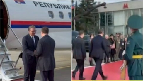 CRVENI TEPIH I POČASNA GARDA ZA VUČIĆA! Ruska televizija uživo prenosila doček srpskog predsednika na aerodromu u Moskvi (VIDEO)