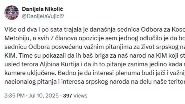 БЕДНО ЈЕ ДА ИНТЕРЕСИ ПЛЕНУМА БУДУ ЈАЧИ Николић критиковала опозицију због бојкота седнице везане за питања живота Срба на КиМ БЕДНО ЈЕ ДА ИНТЕРЕСИ ПЛЕНУМА БУДУ ЈАЧИ Николић критиковала опозицију због бојкота седнице везане за питања живота Срба на КиМ