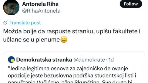 ANTONELA RIHA RAZVALILA ŽUTE: Bolje da raspustite stranku, da upišete fakultete i da se učlanite u te vaše plenume (FOTO)