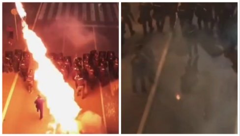 ЈЕЗИВ СНИМАК: Овако су блокадери синоћ умало живе спалили полицајце - молотовљев коктел погађа Луковића у главу (ВИДЕО)
