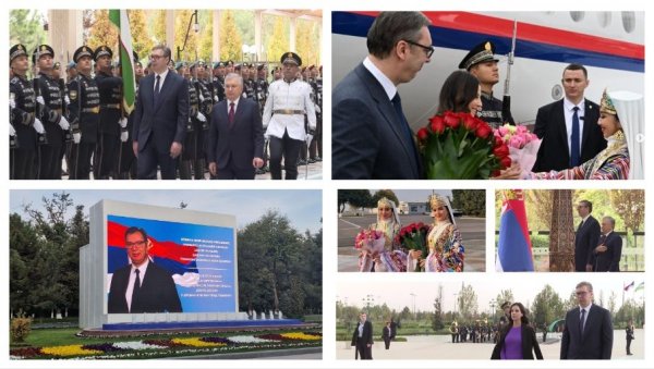 ВУЧИЋ У УЗБЕКИСТАНУ: Председник Мирзијојев га дочекао уз највише војне почасти - састанак делегација у току (ФОТО/ВИДЕО) ВУЧИЋ У УЗБЕКИСТАНУ: Председник Мирзијојев га дочекао уз највише војне почасти - састанак делегација у току (ФОТО/ВИДЕО)