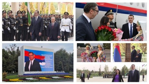 VUČIĆ U UZBEKISTANU: Predsednik Mirzijojev ga dočekao uz najviše vojne počasti - sastanak delegacija u toku (FOTO/VIDEO) VUČIĆ U UZBEKISTANU: Predsednik Mirzijojev ga dočekao uz najviše vojne počasti - sastanak delegacija u toku (FOTO/VIDEO)