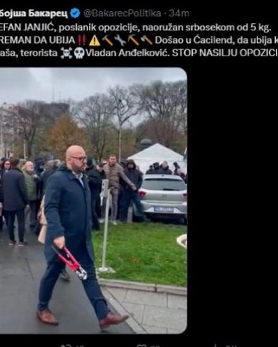 СТОП НАСИЉУ ОПОЗИЦИЈЕ Бакарец: Стефан Јањић наоружан србосеком дошао да убија