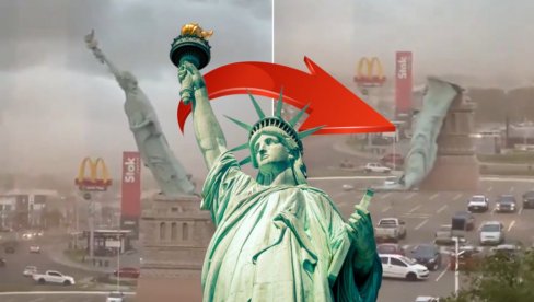 ВЕТАР СРУШИО КИП СЛОБОДЕ: Видите снимак како је пала 24 метара висока реплика - и то насред паркинга (ВИДЕО)