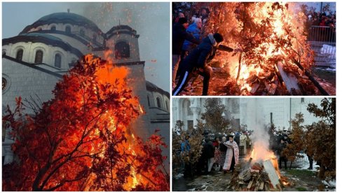 ЗАПАЉЕН БАДЊАК ИСПРЕД ХРАМА СВЕТОГ САВЕ: Окупио се велики број верника да прослави Бадње вече