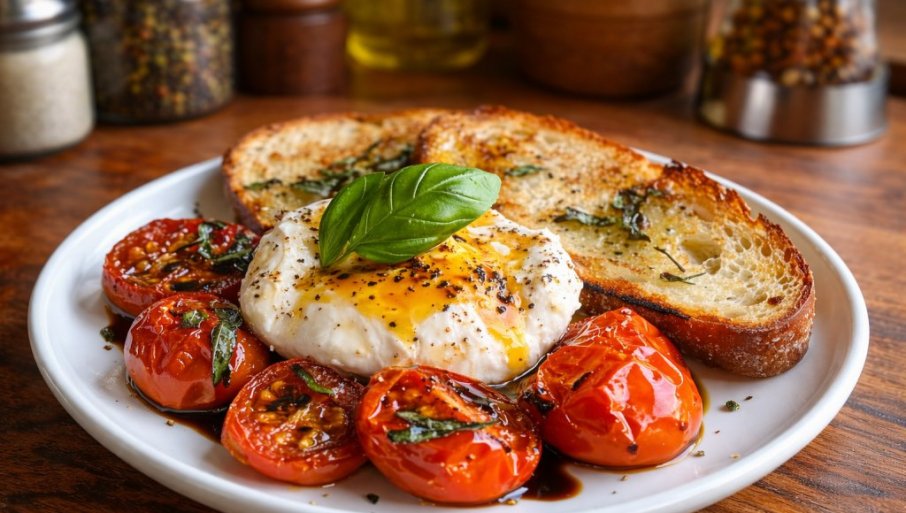 ТОСТ СА ПЕЧЕНИМ ПАРАДАЈЗОМ И БУРАТОМ: Једноставно, а луксузно