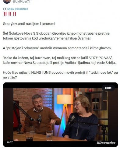 ГЕОРГИЈЕВ ПРЕТИ НАСИЉЕМ И ТЕРОРОМ Пипер: Хоће ли се огласити НУНС и УНС поводом овога?