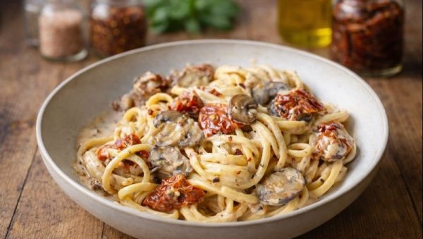 КРЕМАСТА ПАСТА СА ПЕЧУРКАМА И СУШЕНИМ ПАРАДАЈЗОМ: Италијански класик готов за 20 минута