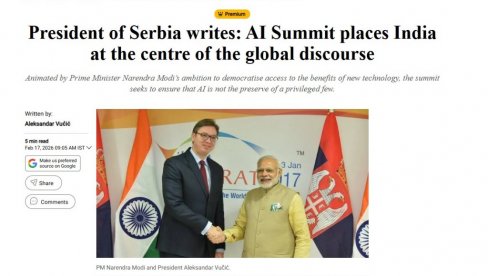 ВУЧИЋЕВ АУТОРСКИ ТЕКСТ У НАЈЧИТАНИЈИМ НОВИНАМА У ИНДИЈИ Председнику Србије указана велика част