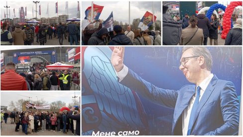 ARENA VEĆ PUNA, VELIKI BROJ LJUDI OSTAO ISPRED DVORANE: Sve je spremno za veličanstveni skup SNS u 16 časova (FOTO/VIDEO)