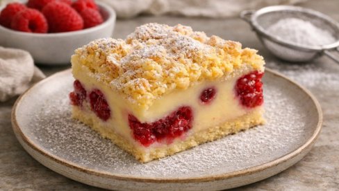 KOLAČ SA MALINAMA, PUDINGOM OD VANILE I PRHKIM MRVICAMA: Slatkiš za pamćenje