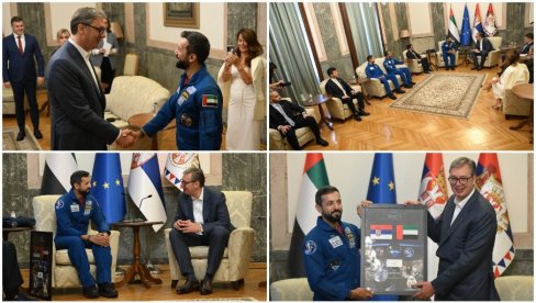 VUČIĆ UGOSTIO MINISTRA OMLADINE UAE: Srdačan susret u Predsedništvu s prvim arapskim astronautom (FOTO)